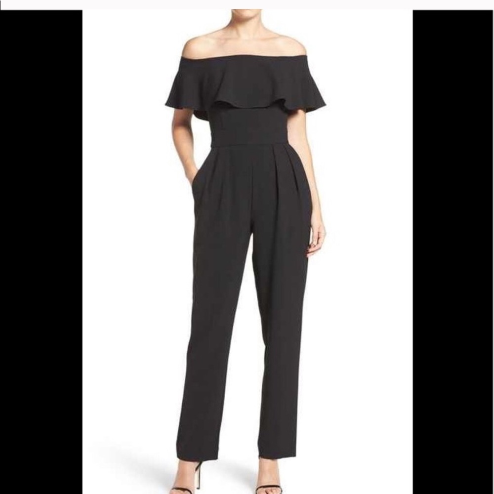 Black off the shoulder ruffled jumpsuit